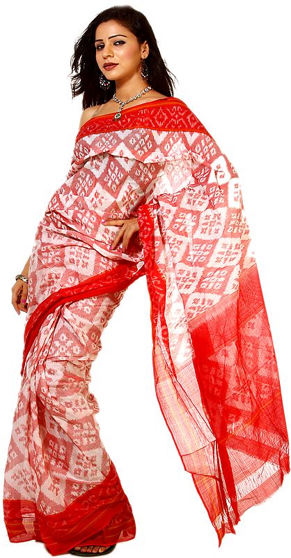 Ivory and Red Sari with Ikat Weave Handwoven in Pochampally