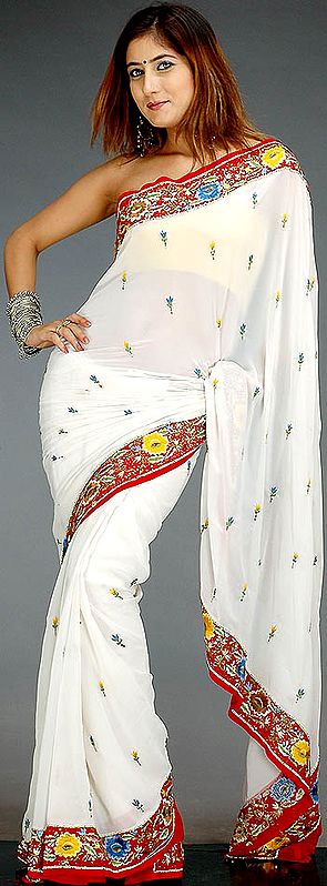 Ivory and Red Sari with Sequins and Threadwork