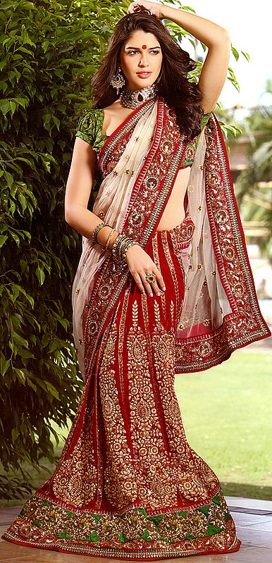 Ivory and Red Wedding Lehenga-Sari with All-Over Metallic Thread Embroidery and Sequins