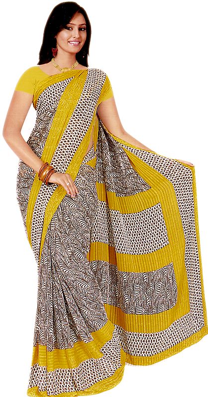 Ivory and Yellow Sari with Printed Flowers and Embroidered Bootis