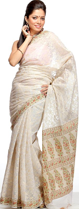 Ivory Banarasi Sari with All-Over Weave and Meenakari Anchal