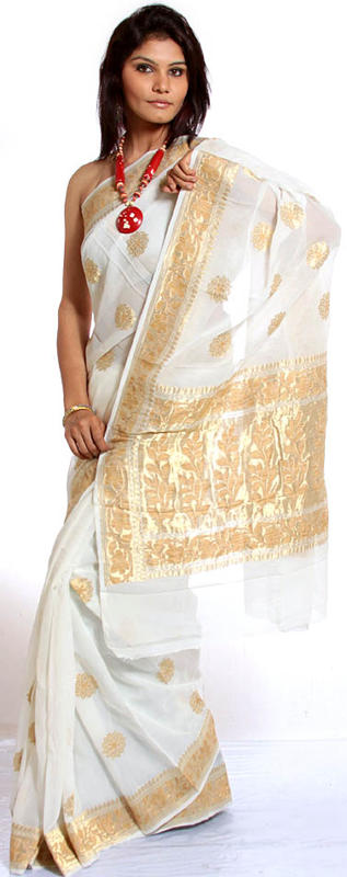 Ivory Banarasi Sari with Flowers Woven in Golden Thread