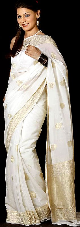 Ivory Banarasi Sari with Large Bootis Woven in Golden Thread