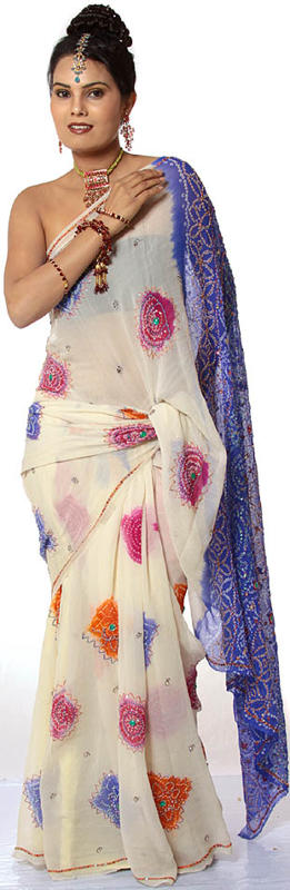 Ivory Bandhani Sari from Gujarat with Royal-Blue Anchal