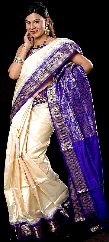 Ivory Bangalore Silk Sari with Purple Border and Golden Thread Weave