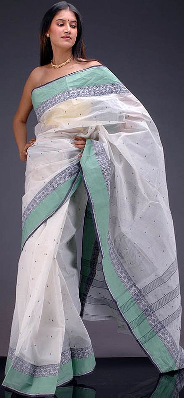 Ivory Bengal Cotton Sari with Bootis and Green Border
