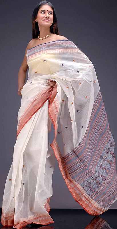 Ivory Bengal Cotton Sari with Temple Border