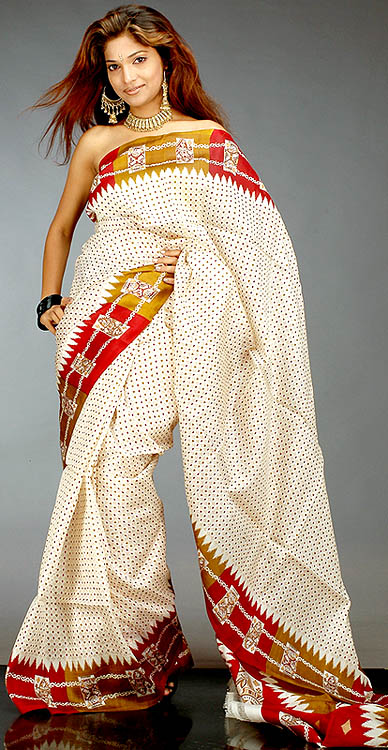 Ivory Block Printed Sari from Bengal