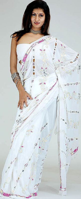 Ivory Bridal Sari with All-Over Sequins and Crystals
