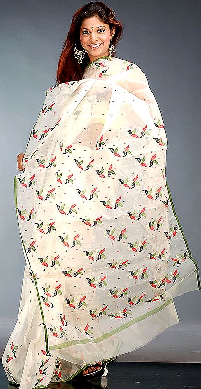 Ivory Chanderi Sari with All-Over Multi-Color Bootis