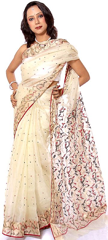 Ivory Chanderi Sari with Dichroic Weave