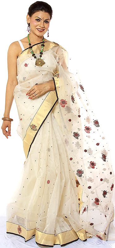 Ivory Chanderi Sari with Golden Border and Floral Bootis