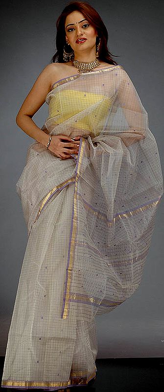 Ivory Chanderi Sari with Lilac Checks