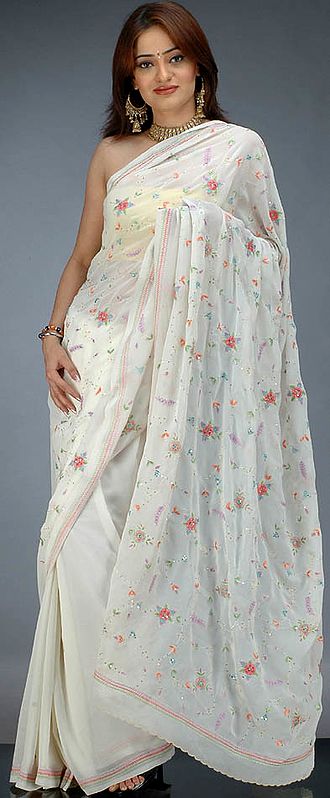 Ivory Chiffon Sari with Floral Embroidery