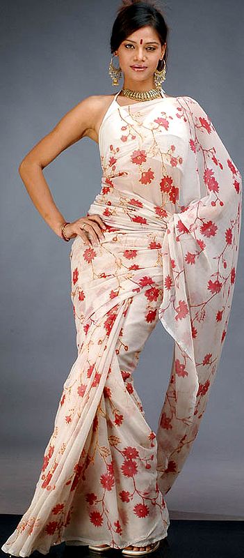 Ivory Chiffon Sari with Floral Kantha Stitch and Sequins