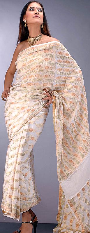 Ivory Chiffon Sari with Multi-Colored Floral Weave
