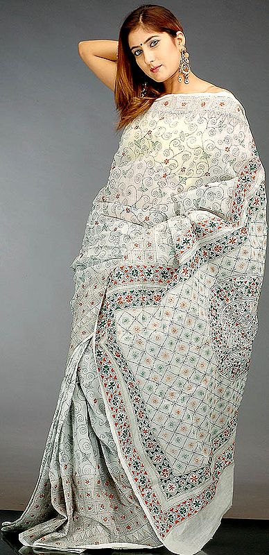 Ivory Cotton Sari with Dense Kantha Stitch