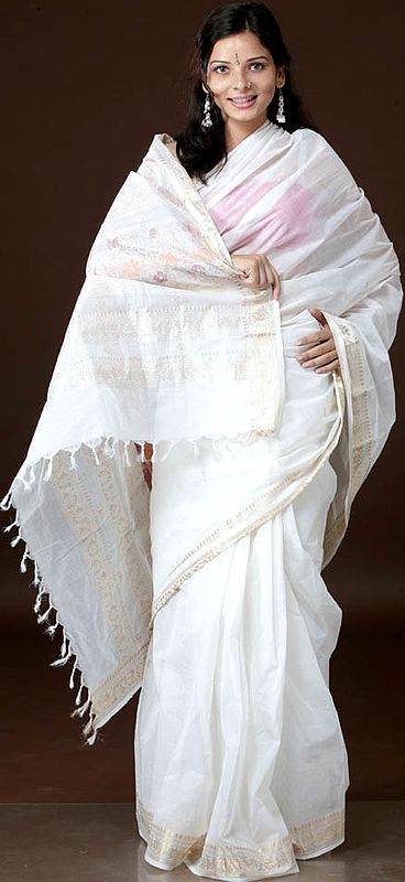Ivory Cotton Sari with Golden Bootis and Brocaded Border