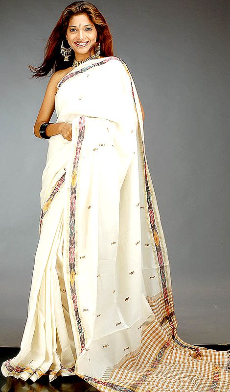 Ivory Cotton Sari with Pochampally Border