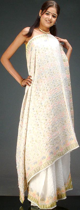 Ivory Crush Sari with Multi-Colored Floral Weave
