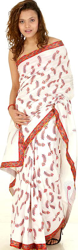 Ivory Designer Sari with Hand-Painted Peacock Feathers All-Over