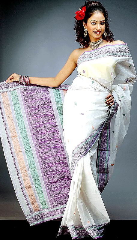 Ivory Dhakai Sari from Bengal with Multi-Color Weave