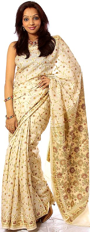 Ivory Floral Sari Hand-Woven in Banaras