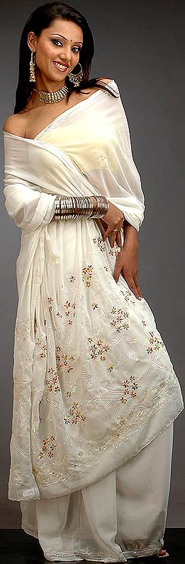 Ivory Floral Sari with Sequins and Beads