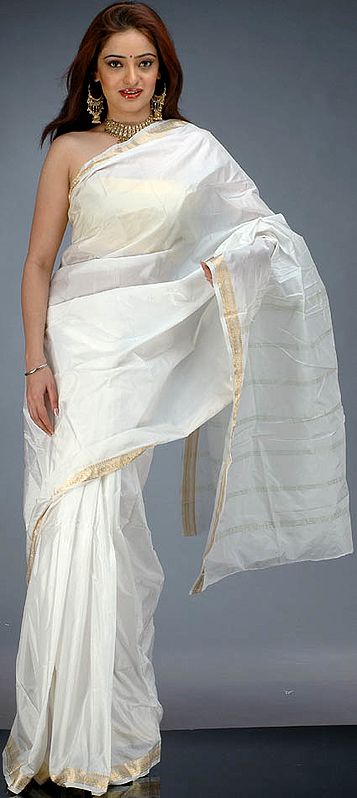 Ivory Hand Woven Sari with Golden Zari Border