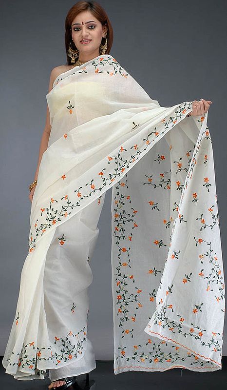Ivory Hand-Embroidered Sari from Bengal