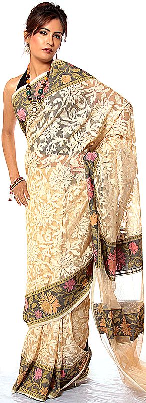 Ivory Handwoven Sari from Banaras with Multi-Color Floral Brocaded Border