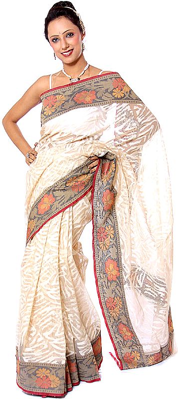 Ivory Handwoven Sari from Banaras with Multi-Color Floral Brocaded Border