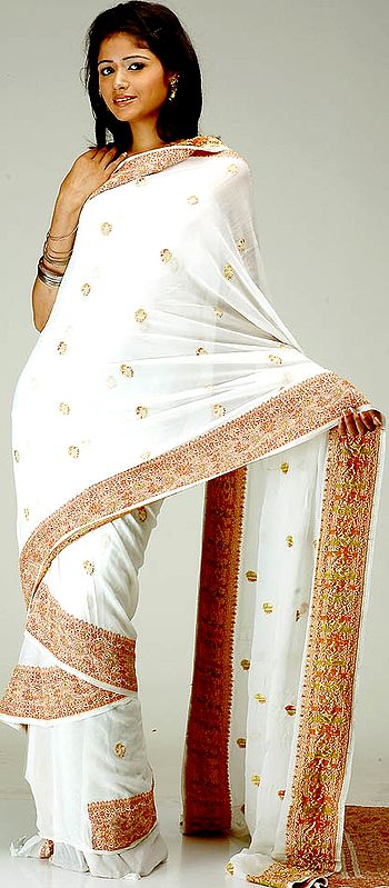 Ivory Handwoven Sari with All-Over Bootis and Floral Weave on Border and Pallu