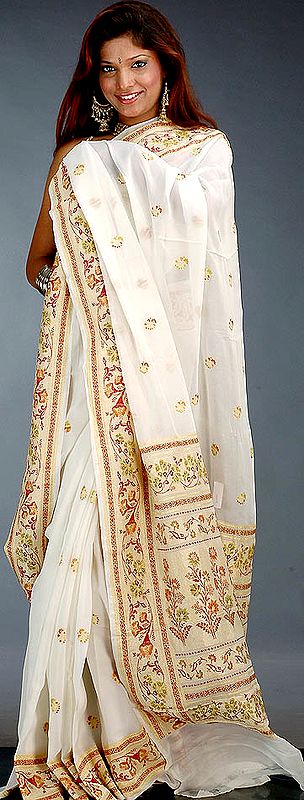 Ivory Handwoven Sari with All-Over Bootis and Floral Weave on Border and Pallu
