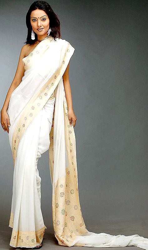 Ivory Handwoven Sari with Floral Weave on Border and Pallu