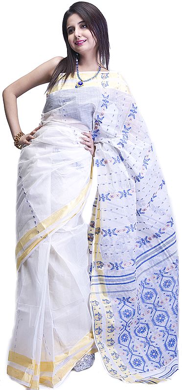 Ivory Jamdani Sari from Kolkata with Golden Thread Weave