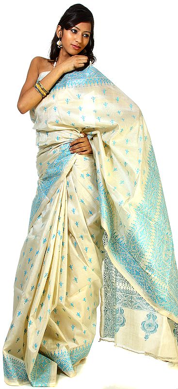 Ivory Kantha Sari from Bengal with All-Over Embroidered Bootis in Blue Thread