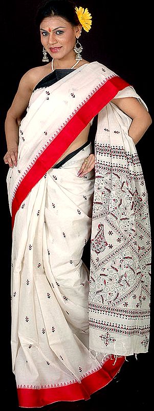 Ivory Kantha Sari with Red and Black Threadwork
