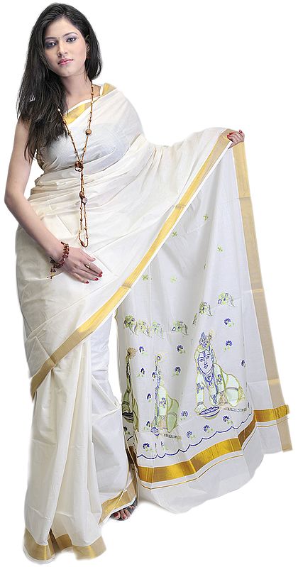 Ivory Kasavu Cotton Sari from Kerala with Embroidered Little Krishna on Border