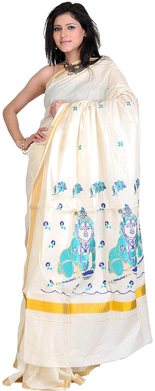 Ivory Kasavu Cotton Sari from Kerala with Embroidered Little Krishna