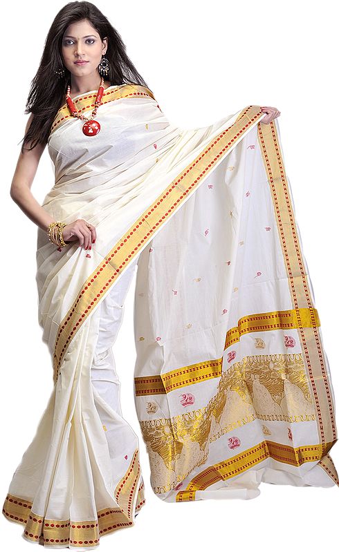 Ivory Kasavu Cotton Sari from Kerala with Woven Radha Krishna in Golden Thread