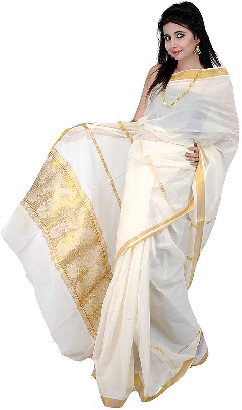 Ivory Kasavu Sari with Golden Thread Weave