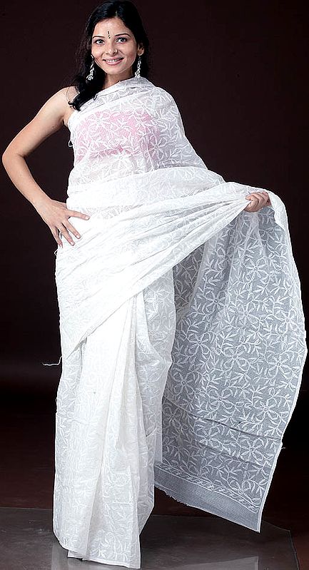 Ivory Lukhnavi Chikan Sari with All-Over Embroidery