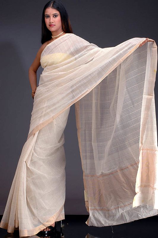 Ivory Mangalgiri Sari with Golden Thread Work