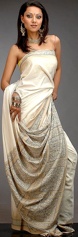 Ivory Printed Sari with Sequins and Beads