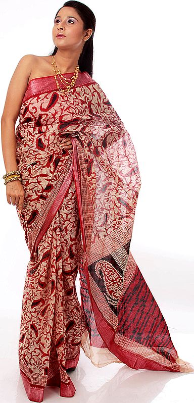 Ivory Sari from Bangalore with Printed Paisleys