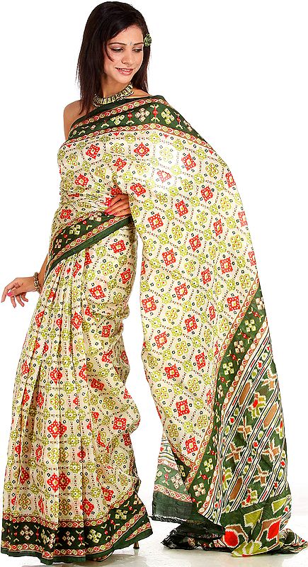 Ivory Sari from Kolkata with Ikat Print in Red and Green