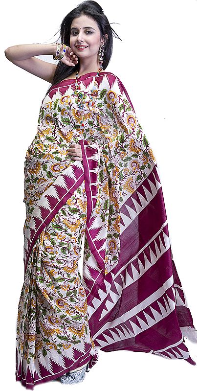 Ivory Sari from Kolkata with Printed Flowers All-Over and Temple Border
