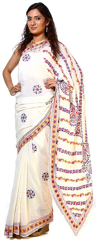 Ivory Sari From Lucknow with Hand Embroidered Chikan Embroidery All-Over
