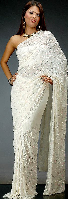 Ivory Bridal Sari with All-Over Beadwork